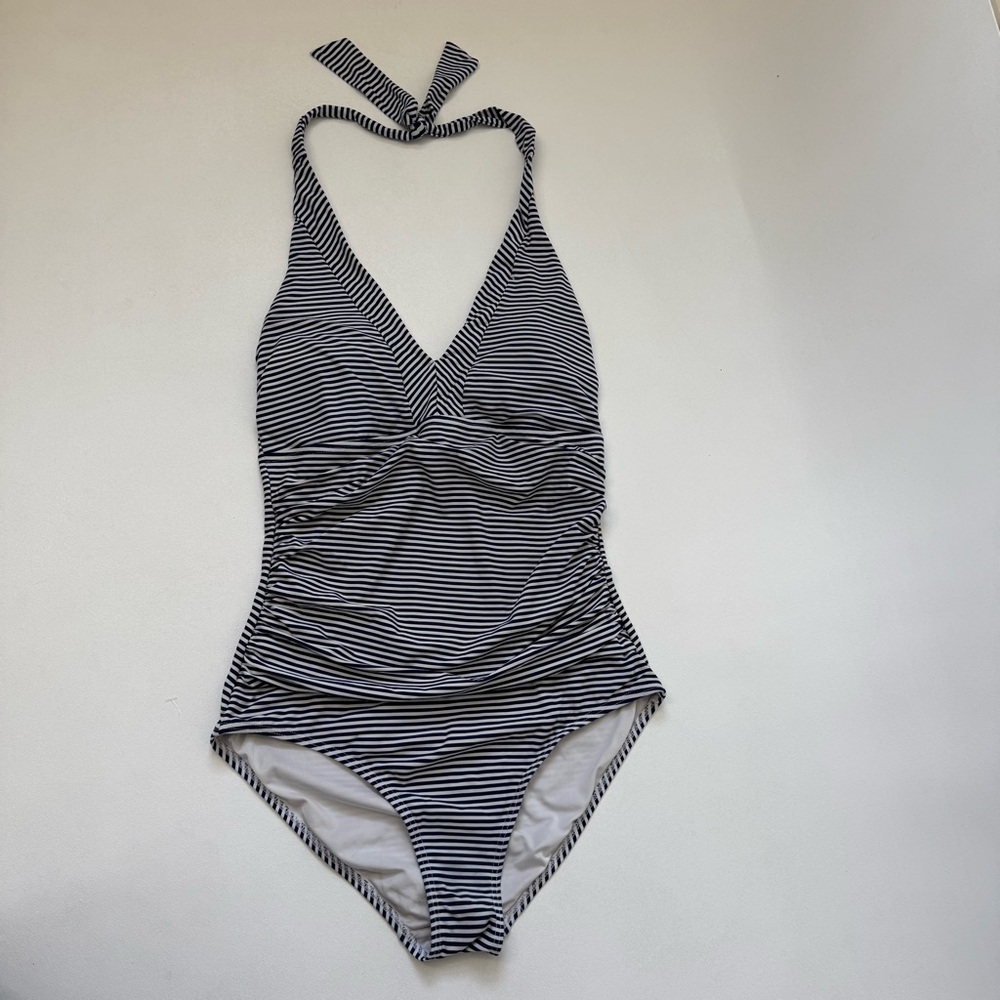 Niptuck Multi Fit Cup Stripe One Piece Bathing Suit Navy Blue White Women Size 8